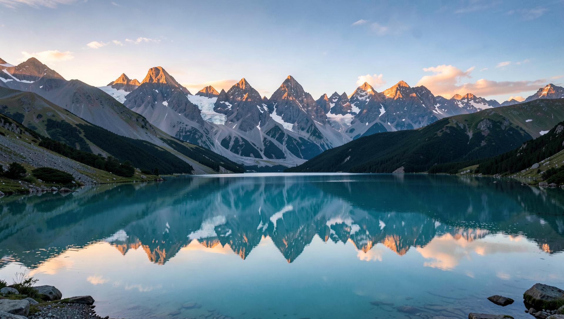 Muntanyes nevades reflectides en un llac de color turquesa