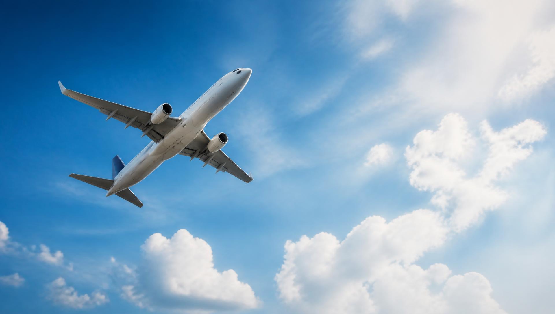 Avió volant per un cel blau amb núvols